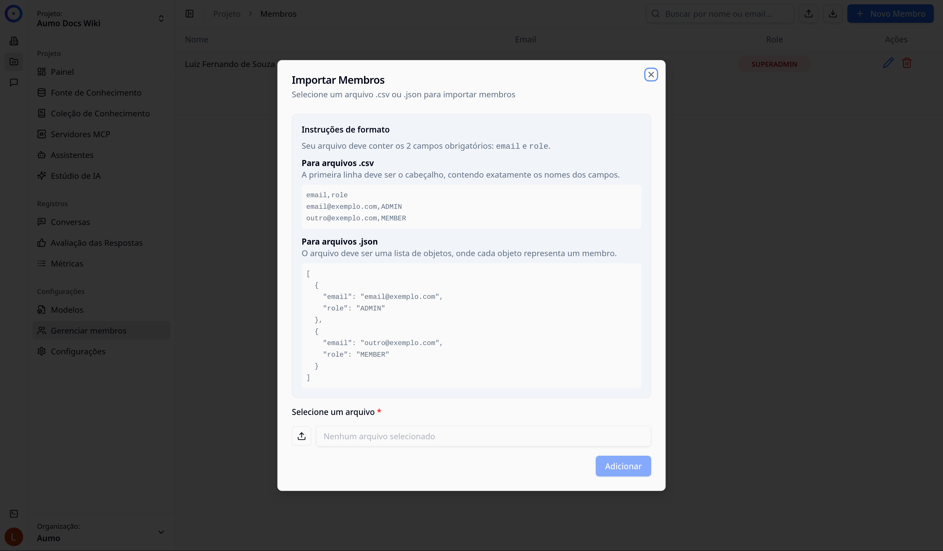 Diálogo de adicionar membro via JSON/CSV