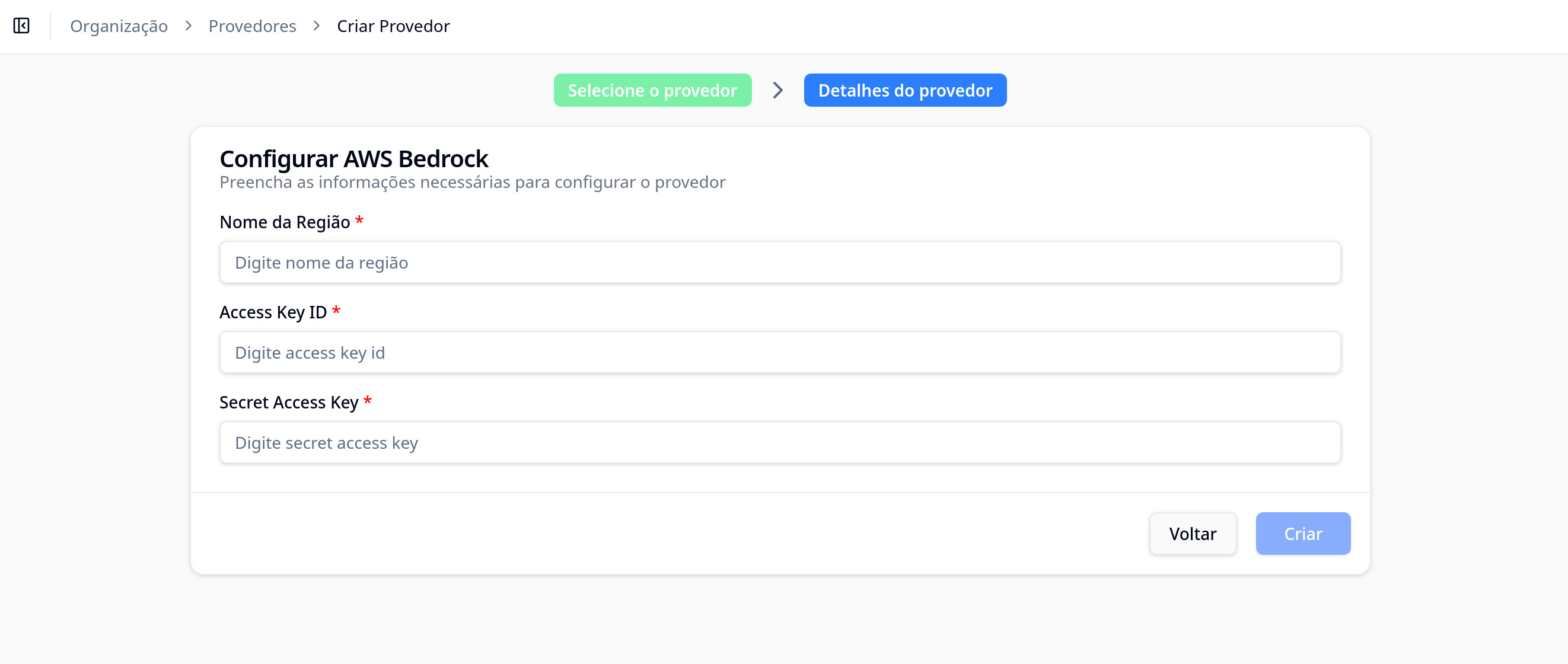 Configuração de credenciais do provedor