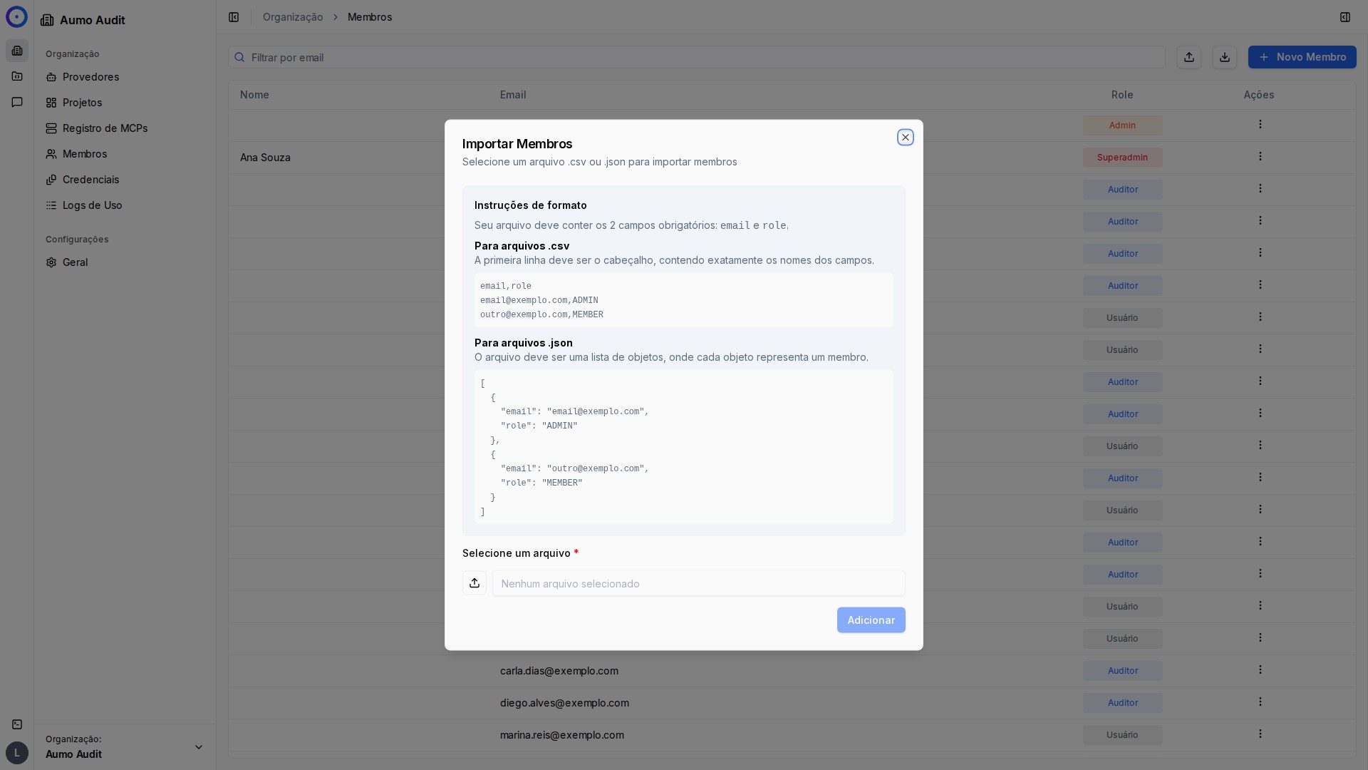 Diálogo de adicionar membro via JSON/CSV