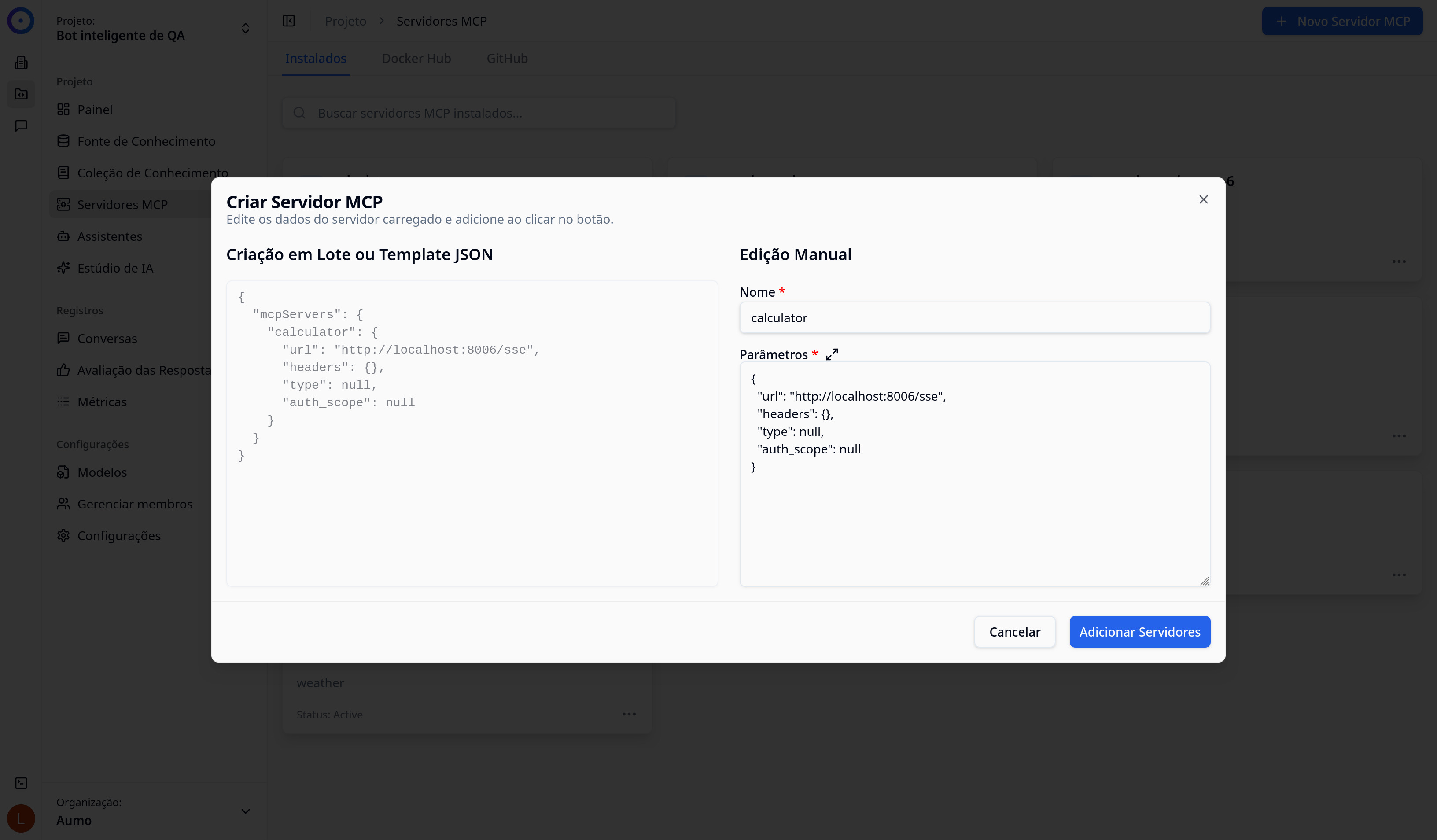 Modal de detalhes do servidor