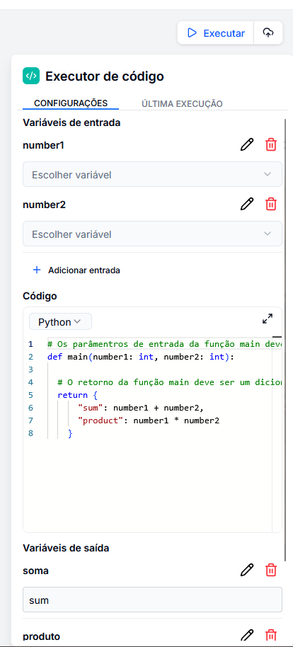 Painel de Configuração de Código