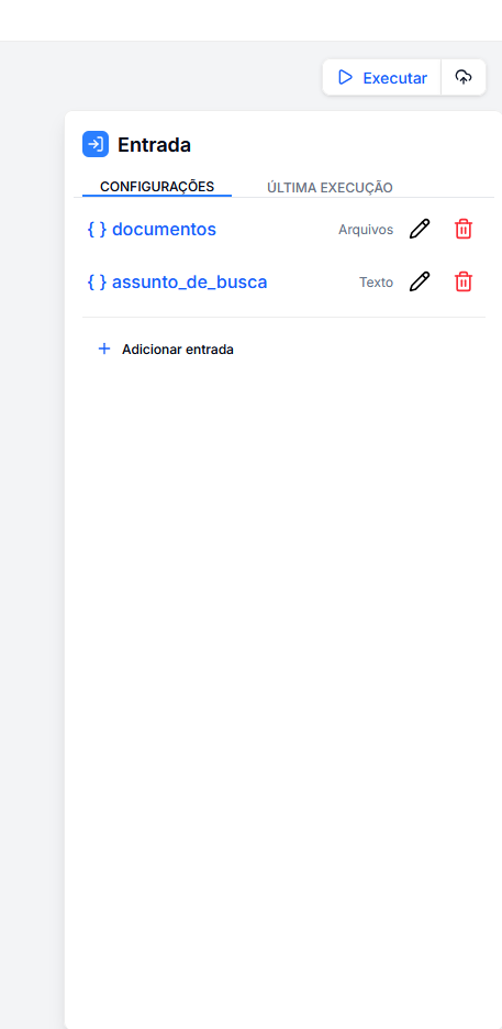 Painel de Configuração de Entrada